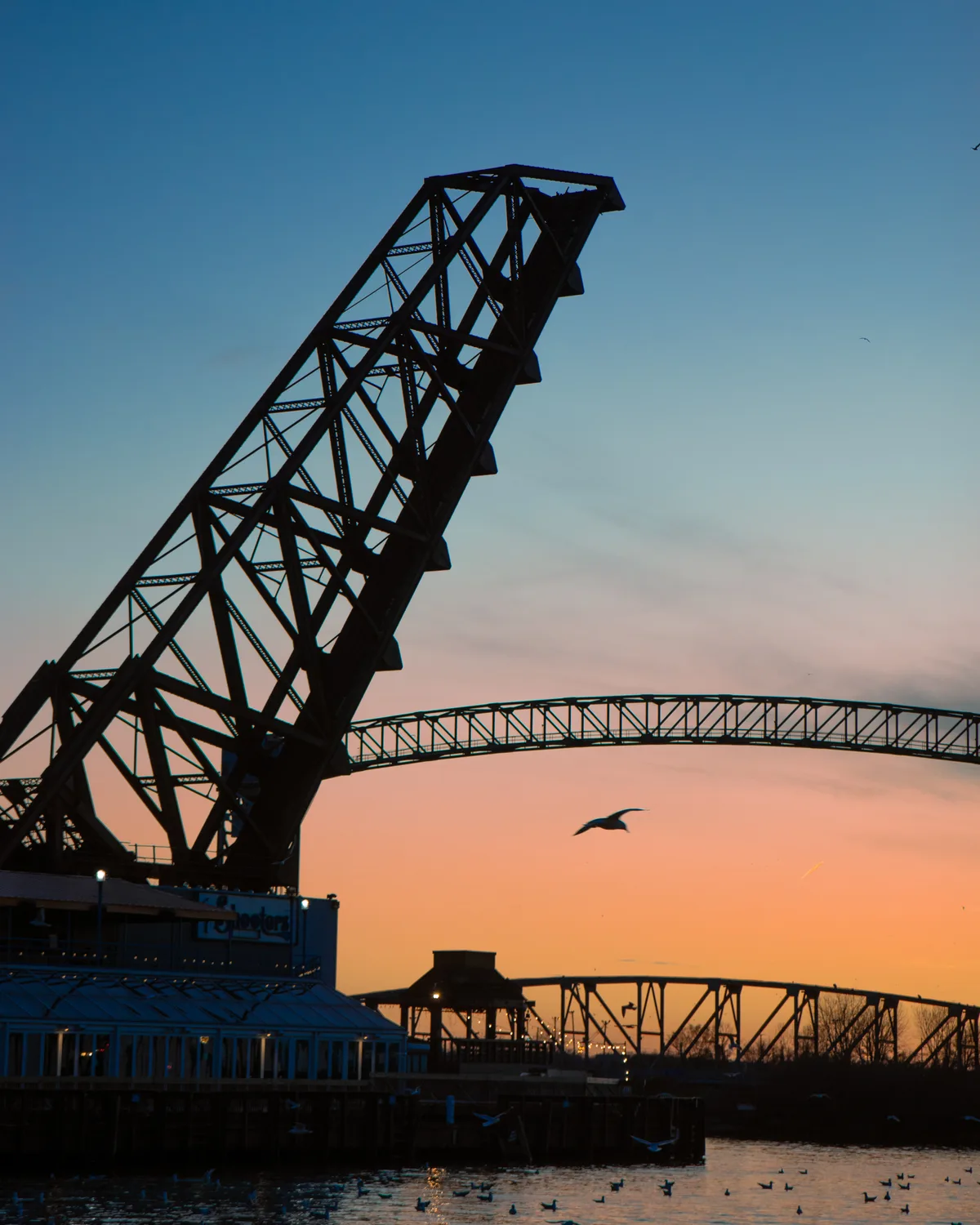 A raised drawbridge silhouetted against a dusk sky fading from orange at the horizon to deep blue, a single gull in flight over the waterfront below.