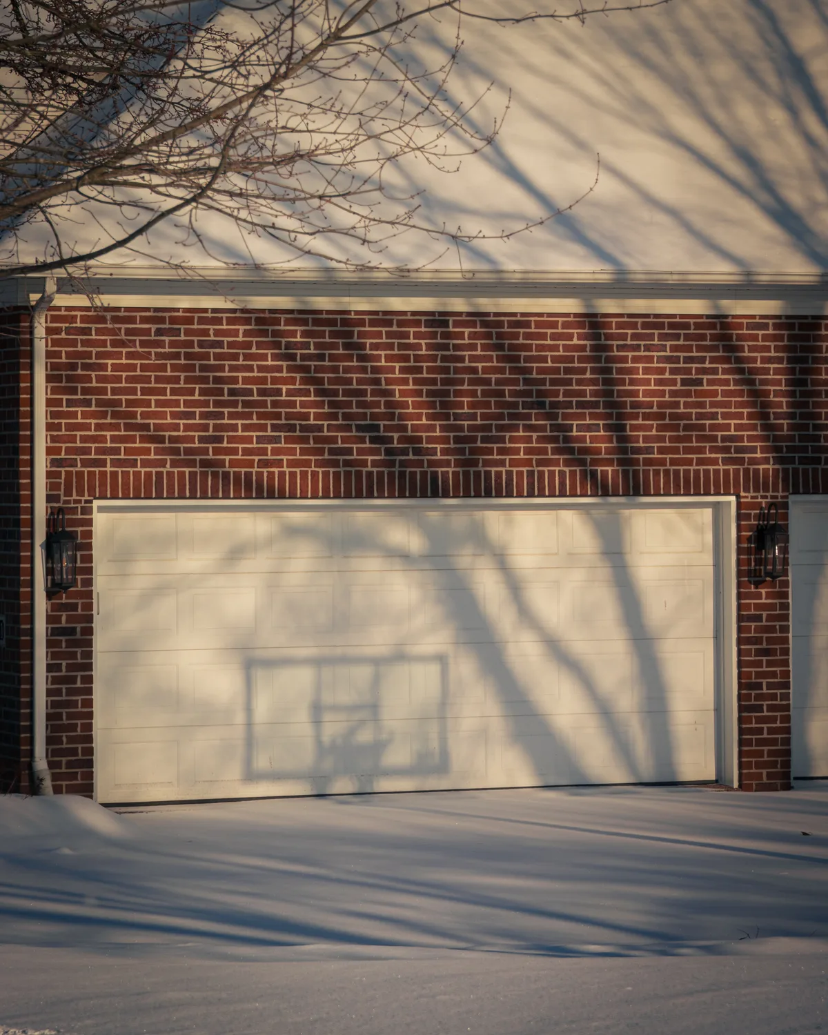 A suburban brick house’s white garage door in low winter sun, the ghostly shadow of a basketball hoop and backboard cast across it amid bare tree-branch shadows, snow on the ground.