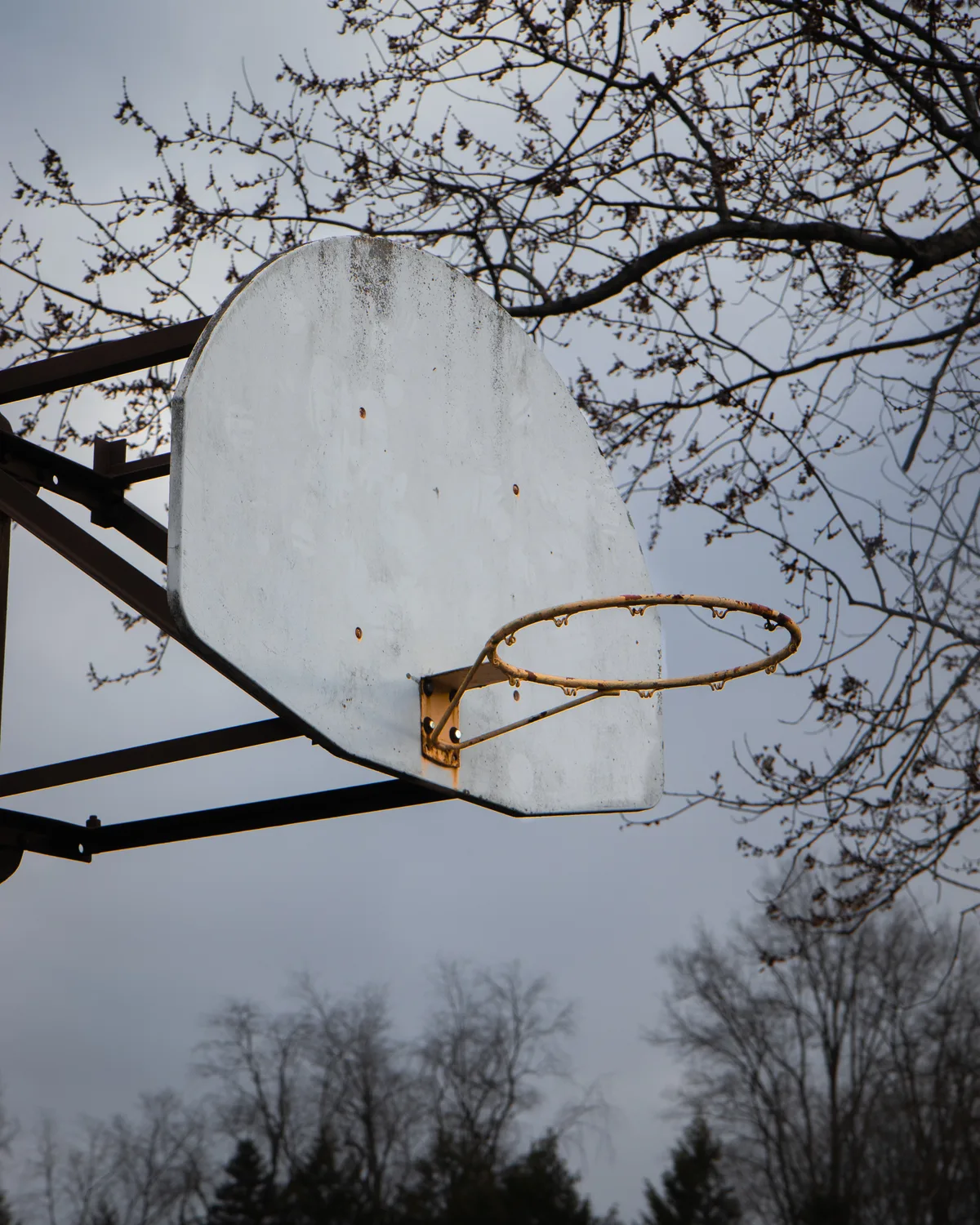 A weathered white basketball backboard with a rusted, netless rim, set against an overcast grey sky and bare branches.