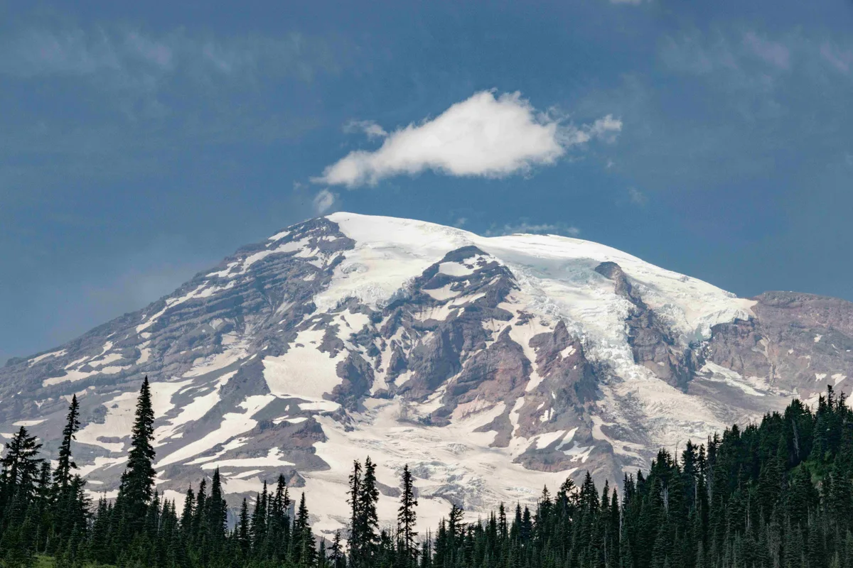 The broad snow-capped dome of Mount Rainier under a blue sky, a small cloud drifting at its summit above a dark evergreen forest.